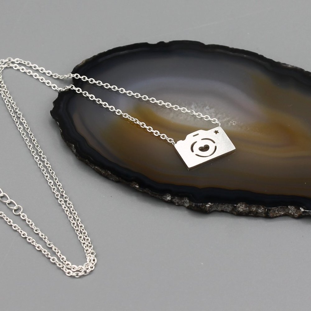Jewelry necklace camera photo photographer white gold tone dainty minimalist